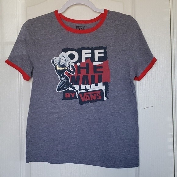 Vans Tops - Vans Off The Wall Women's X Captain Marvel Ringer Tee T-Shirt in Grey Racing Red